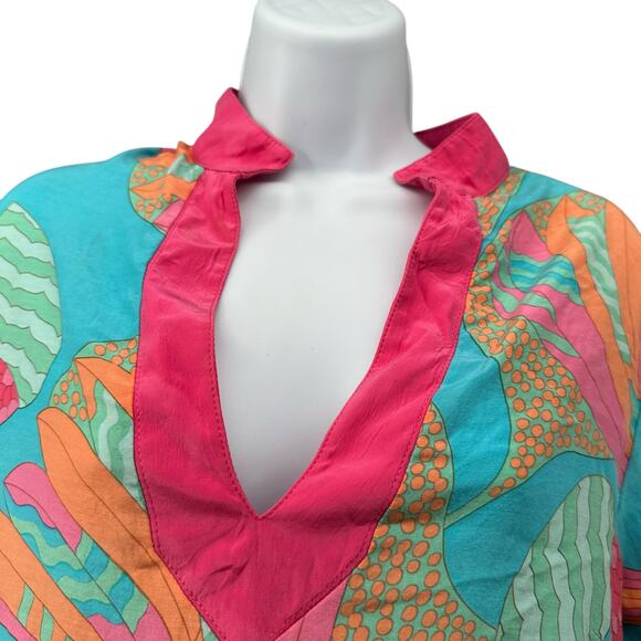 Britt Ryan Mini Dress Silk Blend Bright Pink Blue Tropical V-Neck Beach Medium - Picture 5 of 6